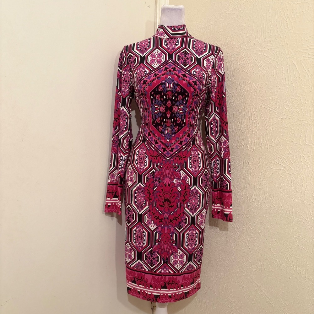 Venus Pink Purple Geometric Damask Medallion Mock Neck Bodycon Dress Size M